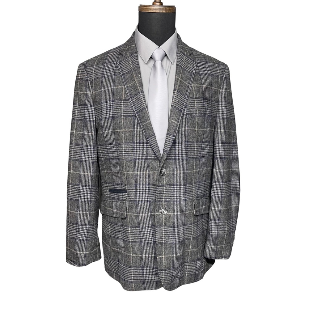 Joseph Abboud Sport Coat Men Large Gray Glen Plaid Wool Blend Elbow Patch Preppy